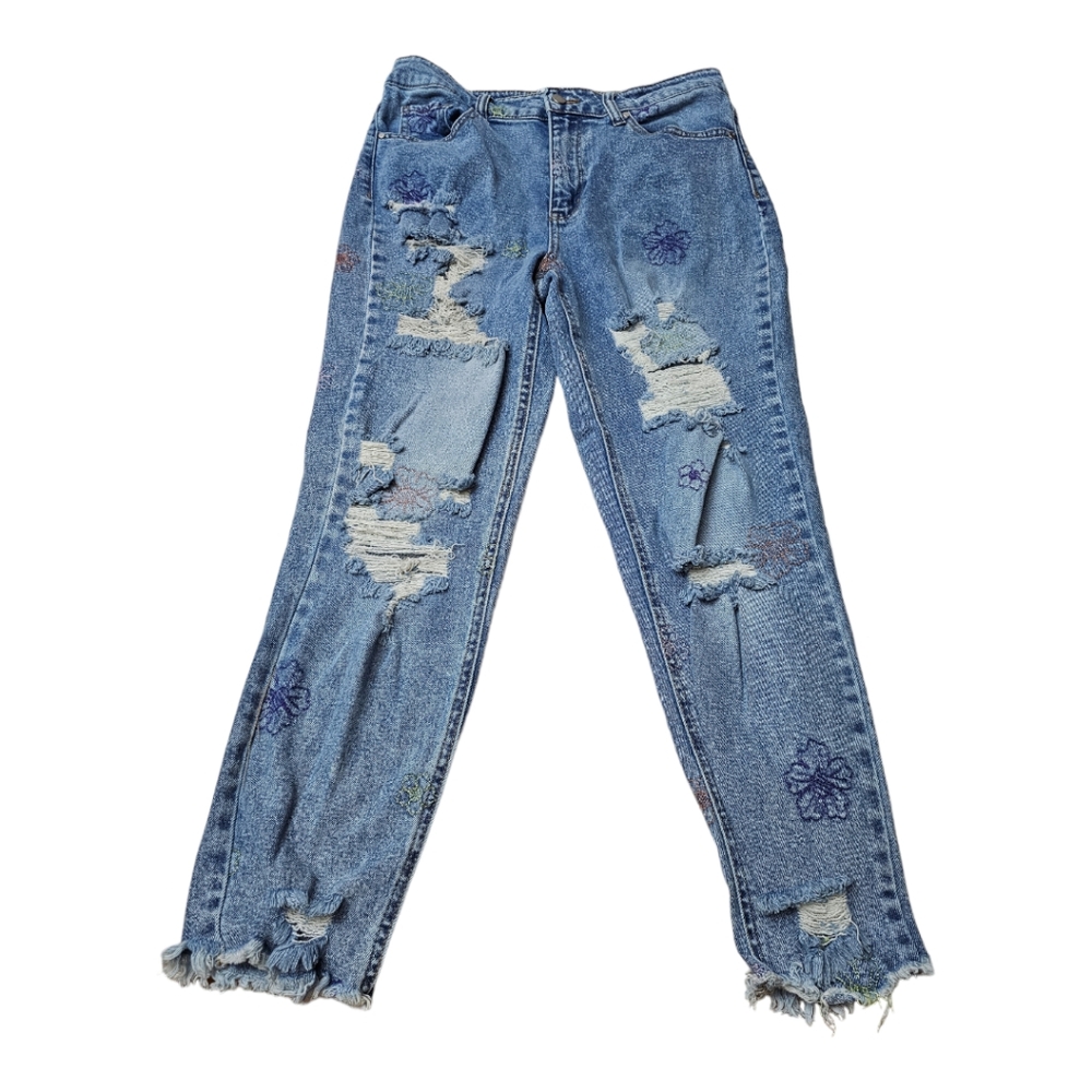 TINSELTOWN High Waist Mom Jeans Distressed Flower Embroidery Size 13